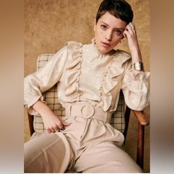 Sezane Filomene metallic gold ruffle long sleeve blouse size 4 - Picture 1 of 6